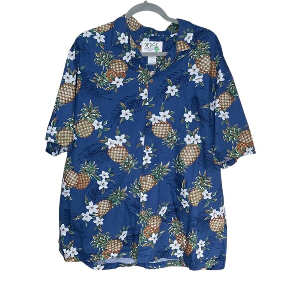 KY's Men's XL Blue Golden Pineapple Aloha Hawaiian Camp Shirt Made In Hawaii USA - Picture 1 of 3